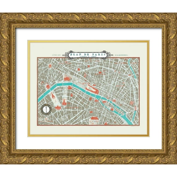 Schlabach, Sue 24x20 Gold Ornate Wood Framed with Double Matting Museum Art Print Titled - Plan de Paris Map - Version II