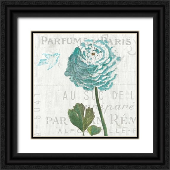 Schlabach, Sue 26x26 Black Ornate Wood Framed with Double Matting Museum Art Print Titled - Floral Messages on Wood II Blue