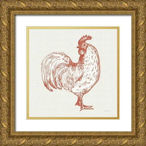 Schlabach, Sue 26x26 Gold Ornate Wood Framed with Double Matting Museum Art Print Titled - Cottage Rooster III Red