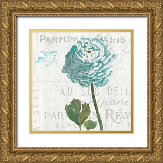 Schlabach, Sue 26x26 Gold Ornate Wood Framed with Double Matting Museum Art Print Titled - Floral Messages on Wood II Blue