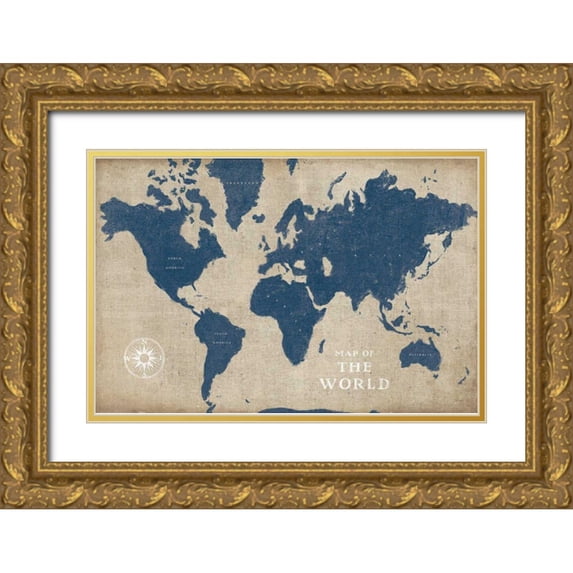 Schlabach, Sue 32x23 Gold Ornate Wood Framed with Double Matting Museum Art Print Titled - Burlap World Map I Navy