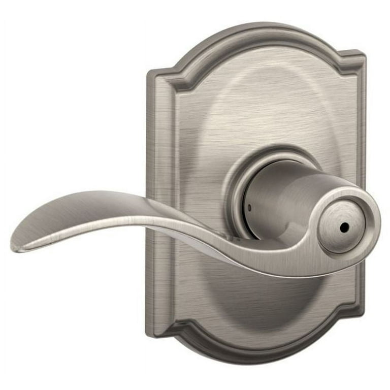 Schlage Accent Lever with Camelot Trim Bed and Bath Lock in Satin