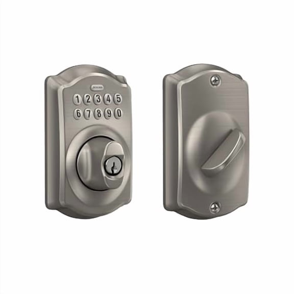 Schlage Camelot Electronic Keypad Deadbolt Lock, Keyless Front Door Entry, Mechanical Key Backup Included, Satin Nickel, BE365 V CAM 619