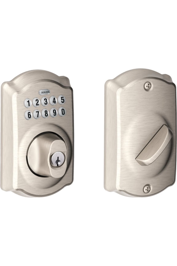 Camelot Electronic Keypad Deadbolt Lock, Keyless Front Door Entry, Mechanical Key Backup Included, Satin Nickel, BE365 V CAM 619