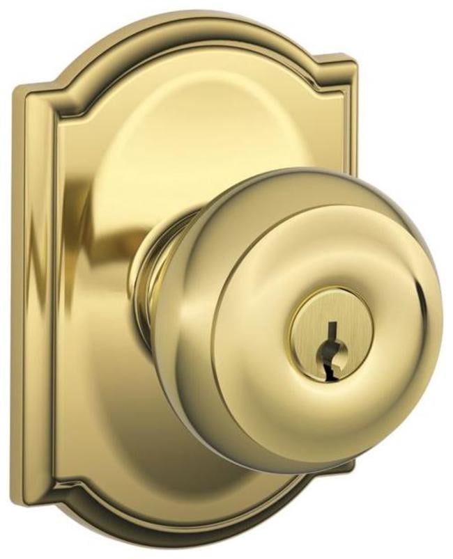 Schlage F51AGEO505CAM Georgian Keyed Entry Door Knob Set - Brass