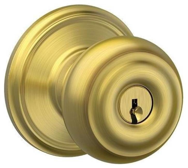 Schlage F51AGEO608 Georgian Keyed Entry Door Knob Set - Brass