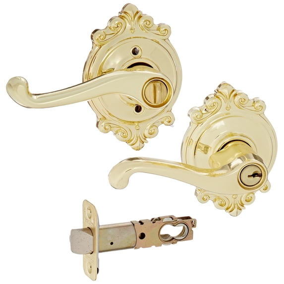 Schlage F51A Flair 605 BRK Brookshire Deco Rose Entry Door Lock Bright Brass