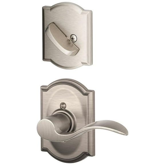 Schlage F59 Accent With Camelot Rose Left Hand Interior Active Trim with 12326 Latch and 10027 Strike Satin Nickel Finis