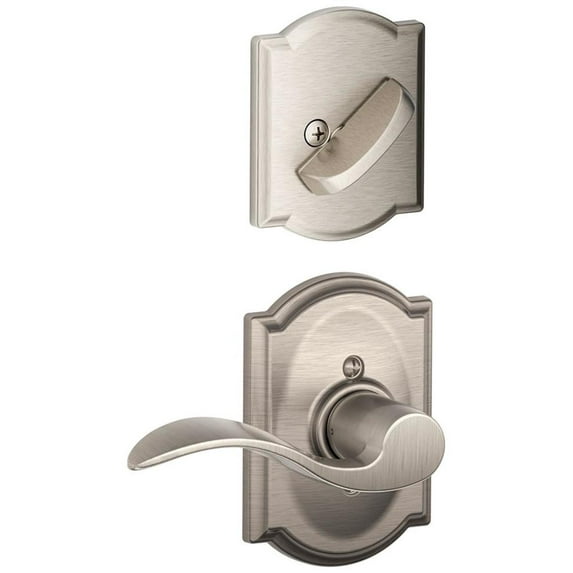 Schlage F59 Accent With Camelot Rose Right Hand Interior Active Trim with 12326 Latch and 10027 Strike Satin Nickel Fini
