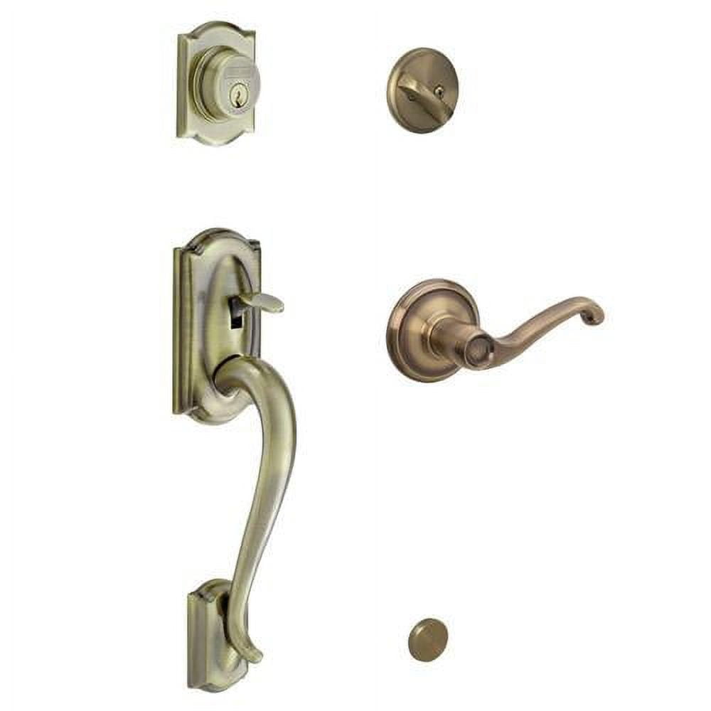 Schlage F60 CAM 609 FLA LH Camelot Antique Brass Left-Hand Handleset with Flair