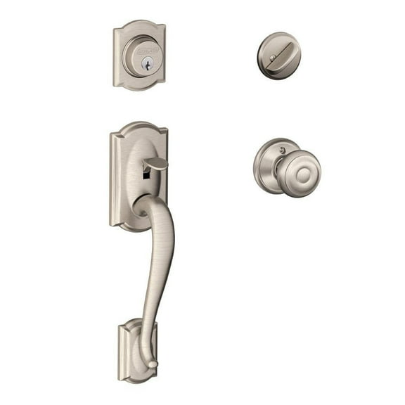 Schlage F60VCAM619GEO Satin Nickel Single Cylinder Camelot Handleset & Georgian Knob