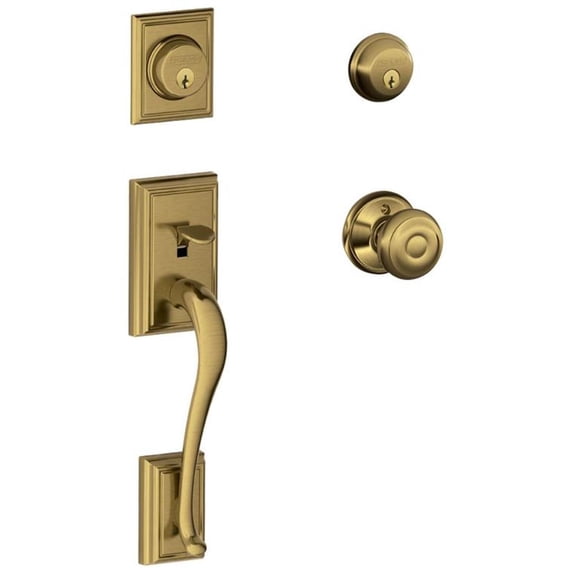 Schlage F62 Addison With Georgian Double Cylinder Handleset and Trim C Keyway with 12326 Latch Round Corner Strikes Antique Brass Finish