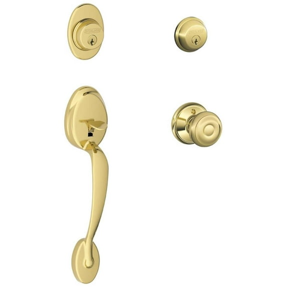Schlage F62 PLY 505 GEO Plymouth Double Cylinder Bright Brass Handleset with Geo