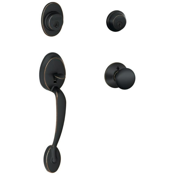 Schlage F62PLY716PLY Plymouth Double Cylinder Handleset with Plymouth Interior Knob from The F-Series, Aged Bronze