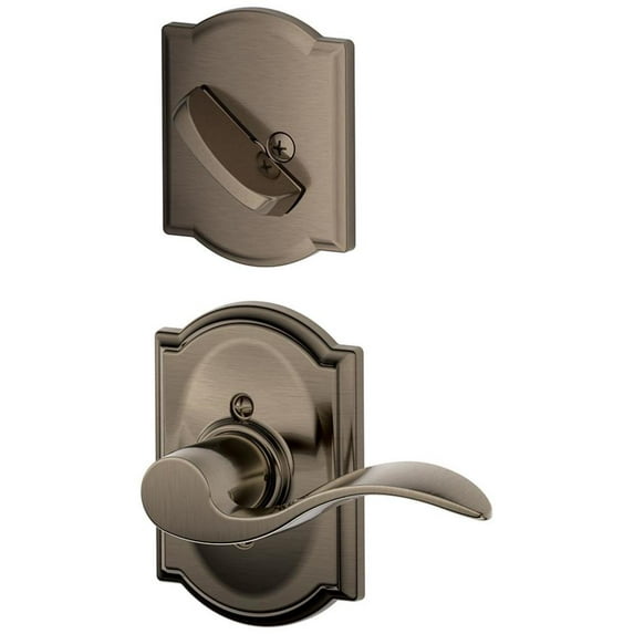 Schalge F94ACC620CAMLH Antique Pewter Interior Pack Accent Lever Left Handed Dummy Interior Pack with Deadbolt Cover Plate and Decorative Camelot Rose