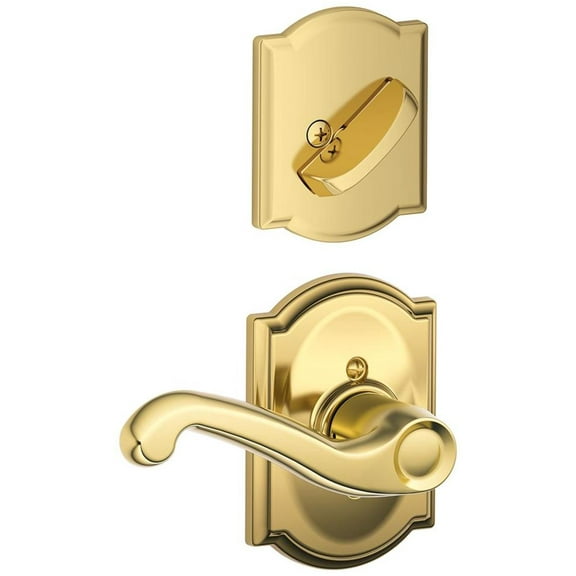 Schalge F94FLA605CAMRH Polished Brass Interior Pack Flair Lever Right Handed Dummy Interior Pack with Deadbolt Cover Plate and Decorative Camelot Rose