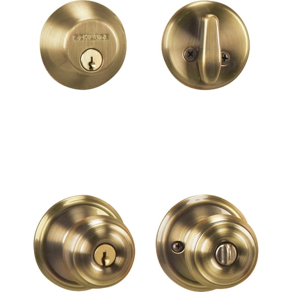 Schlage FB50 V GEO 609 Single Cylinder Deadbolt and Keyed Entry Georgian Knob, Antique Brass