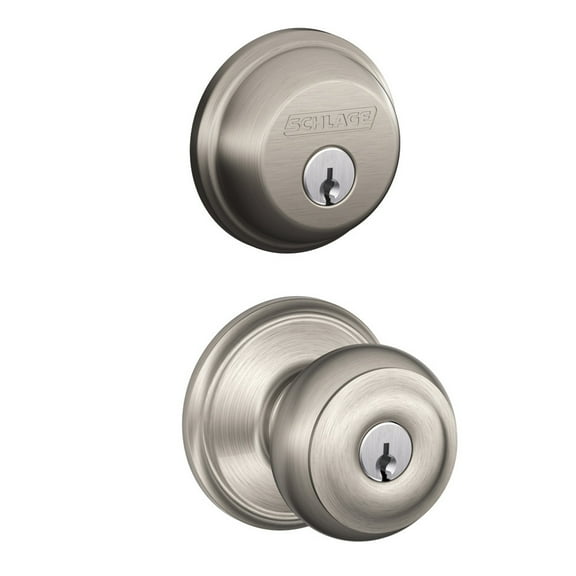 Schlage FB50N V GEO 619 B60 Single Cylinder Deadbolt and F51 Keyed Entry Georgian Knob Keyed Alike, Satin Nickel Finish
