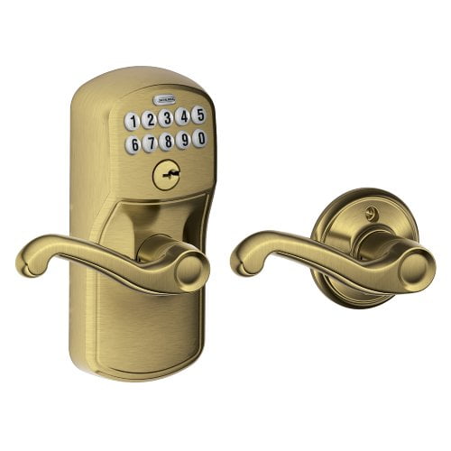 Schlage FE575 PLY 609 FLA Plymouth Keypad Entry with Auto-Lock and Flair Levers, Antique Brass