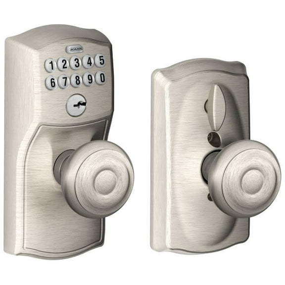 SCHLAGE FE595 CAM 619 GEO Camelot Keypad Entry with Flex-Lock and Georgian Style Knobs, Satin Nickel