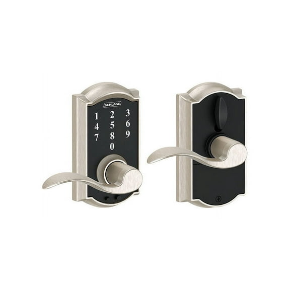 Schlage FE695VCAM619ACC Satin Nickel Keyless Touchscreen Lever With Camelot Trim And Accent Lever