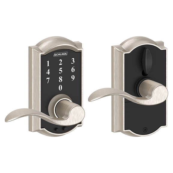 Schlage FE695VCAM619ACC Satin Nickel Keyless Touchscreen Lever With Camelot Trim And Accent Lever
