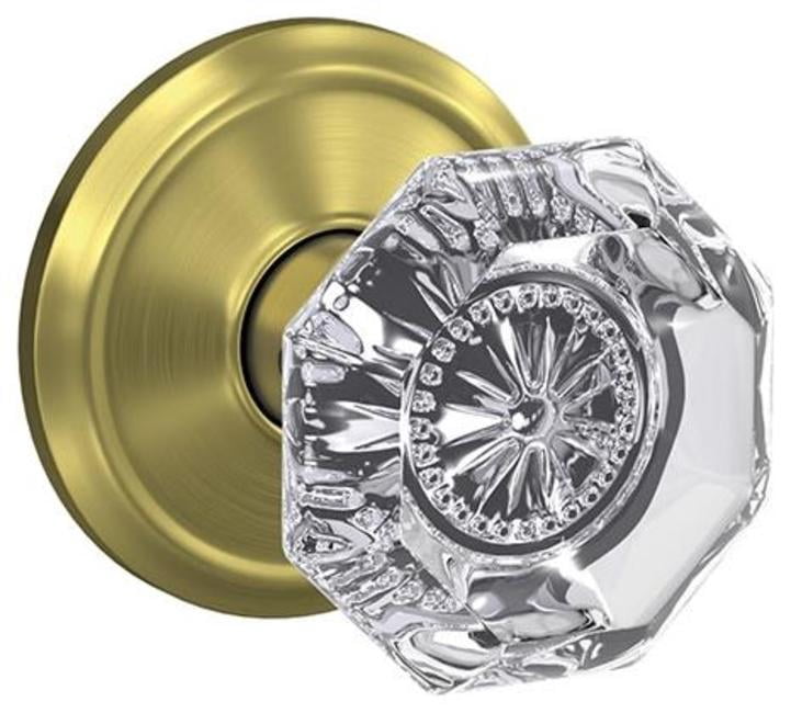 Schlage Custom FC21 ALX 608 ALD Alexandria Glass Knob with Alden Trim Hall-Closet and Bed-Bath Lock, Satin Brass