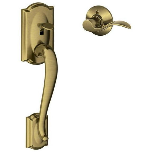 SCHLAGE FE285 CAM 609 Acc LH Camelot Trim Lower Half Front Entry Handleset with Accent Left Hand Lever, Antique Brass
