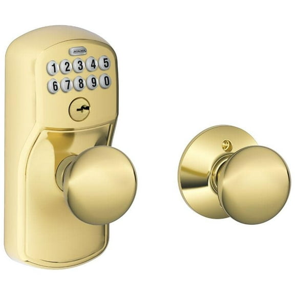 Schlage FE575 PLY 505 PLY Plymouth Keypad Entry with Auto-Lock and Plymouth Knobs, Bright Brass