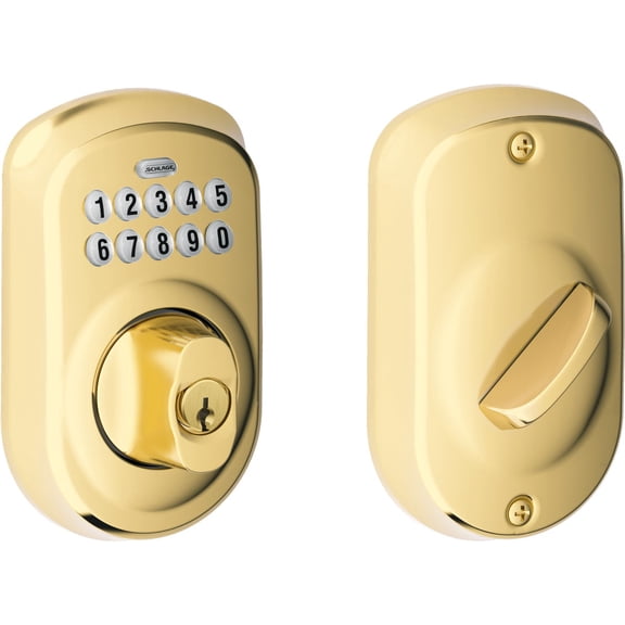 Schlage Plymouth Electronic Keypad Deadbolt Lock, Keyless Front Door Entry, Mechanical Key Backup Included, Bright Brass, BE365 PLY 505