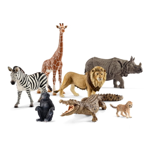 Schleich Animals Wild Life Safari Animals Figures 7-Piece Animal Figurines Set with Lion, Giraffe, Zebra, Bonobo, Rhino, Crocodile and Cheetah Cub Toy