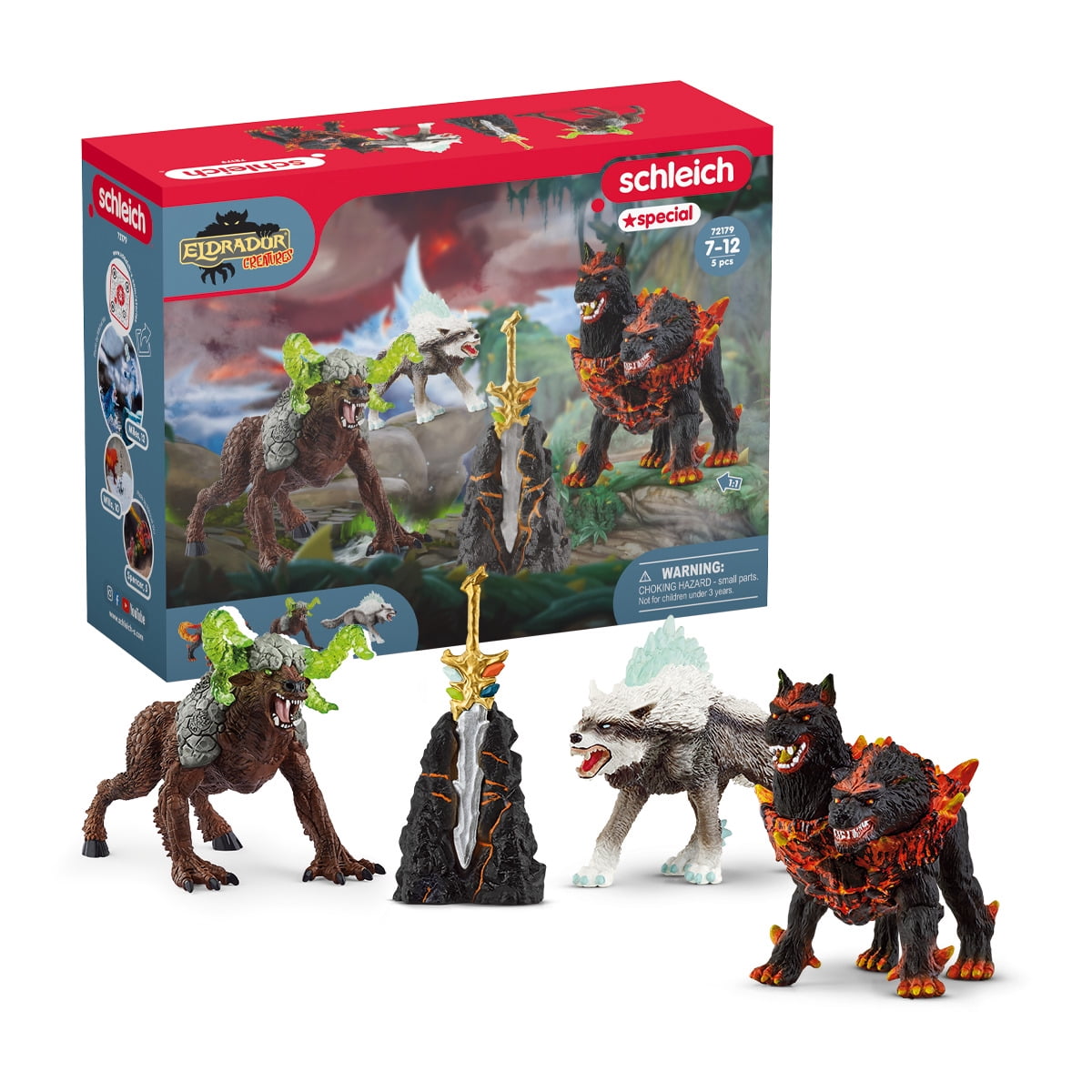 schleich Eldrador Creatures - 5 PC Fantasy Creature Playset with Ice Wolf, Lava Hound, Rock Beast and Sword - Monster Figurine Set for Kids Ages 7+