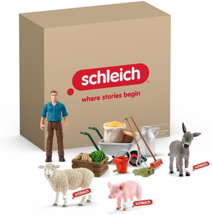schleich Farm World - 19 PC Animal Feeding Playset with Farmer Figure and Farm Animal Toys - Animal Toy Set for Kids Ages 3+