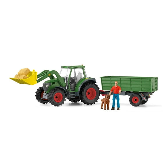 Schleich Farm World - 7 PC Green Tractor with Trailer Toy Playset with Farmer & Dog Figurine - Ranch Farming Figures - Farm Equipment Toys for Kids & Toddlers Ages 3+