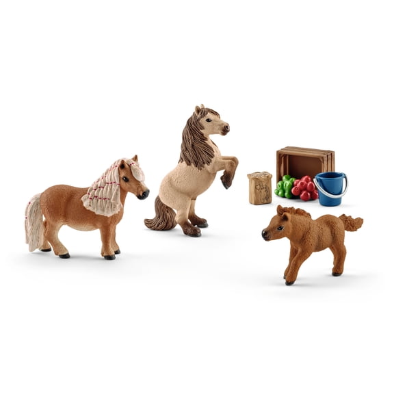 Schleich Horse Club 8 PC Shetland Pony Playset with Mare, Stallion, Foal, and Food Accessories