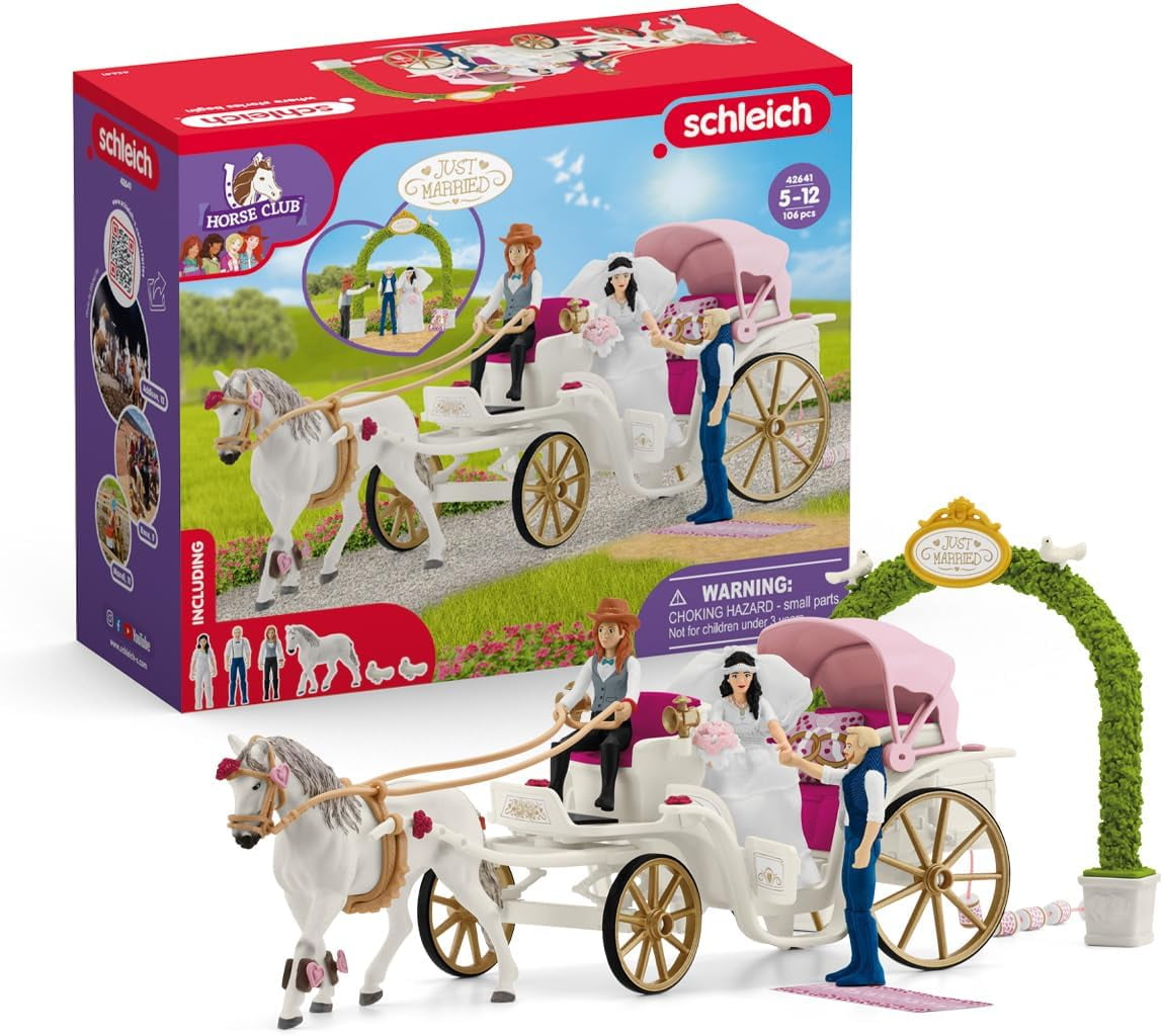 schleich Horse Club - Wedding Carriage Playset with Horse, Bride and Groom Figures - Romantic Equestrian Toy Set for Kids Ages 5+
