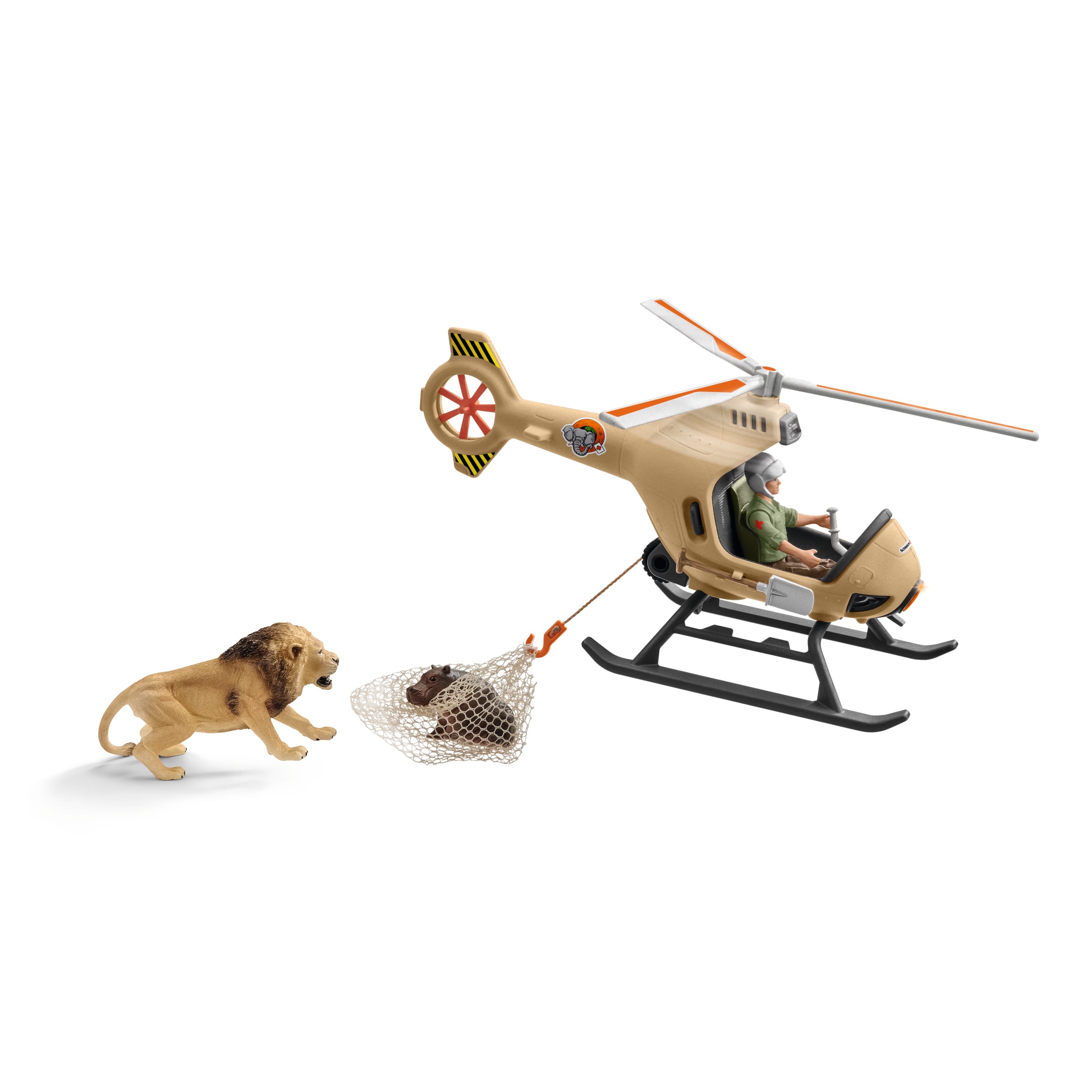 Schleich - Wild Life: Animal Rescue Helicopter with Ranger Tom, Chopper, Lion& Hippo Educational Playset, 6 Pcs