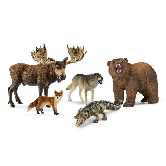 Schleich Wild Life 5 PC North American Animal Toy Bundle with Moose, Grizzly Bear, Alligator, Fox, and Wolf