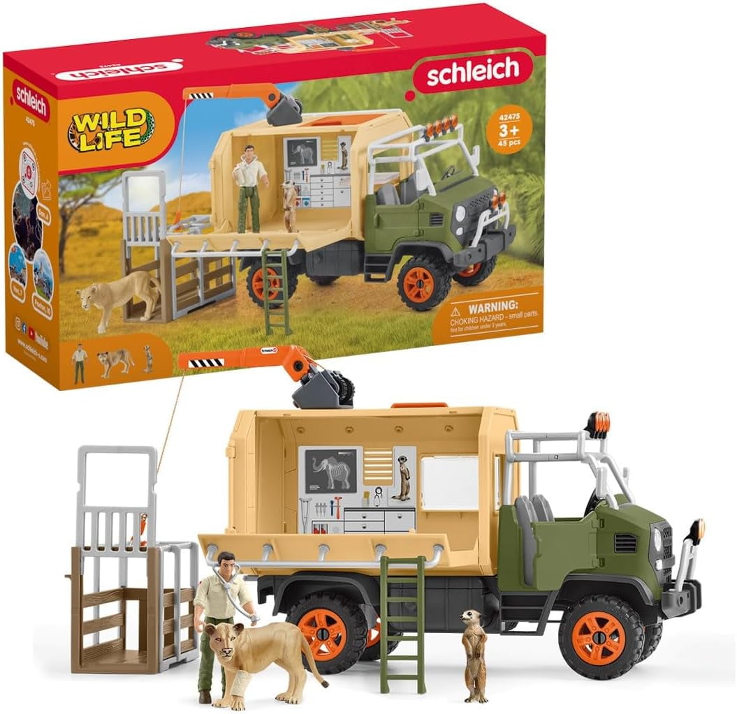 schleich Wild Life - 45 PC Animal Rescue Truck Playset with Ranger, Lion, Meerkat and Accessories - Wildlife Toy Set for Kids Ages 3+