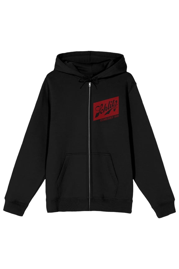 Schlitz Globe Art Long Sleeve Black Adult Zip-Up Hoodie-Medium