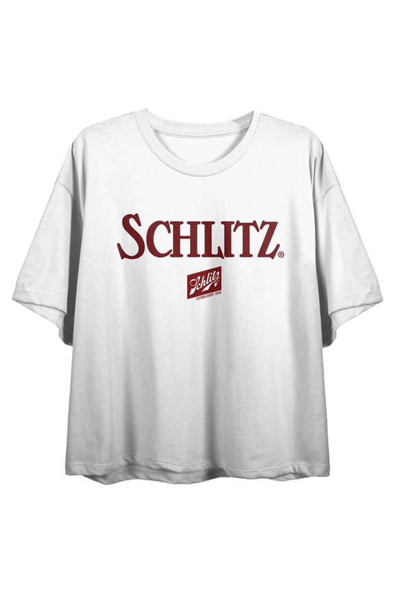 Schlitz Text Logo & Globe Art Crew Neck Short Sleeve Women's White Crop Top-XXL
