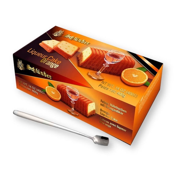 Schlunder ORANGE Liquor Cake 14 oz. (400 g) with 1 Bonus Modern Stainless Steel Stirring Spoon
