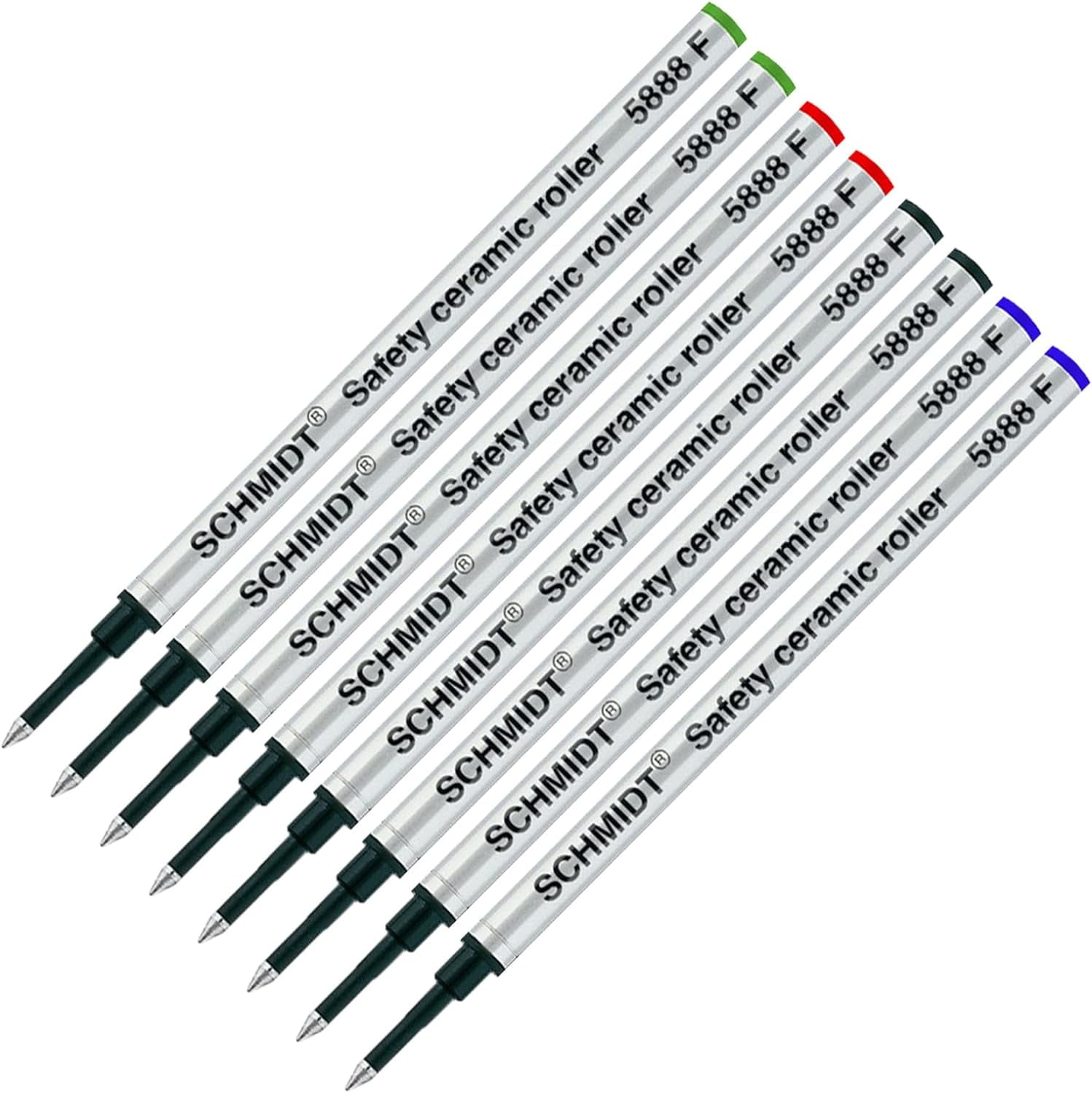Schmidt 5888 Safety Ceramic Rollerball Metal Refill - Black, Blue, Green, Red Ink (Fine Tip 0.6mm) - Pack of 8
