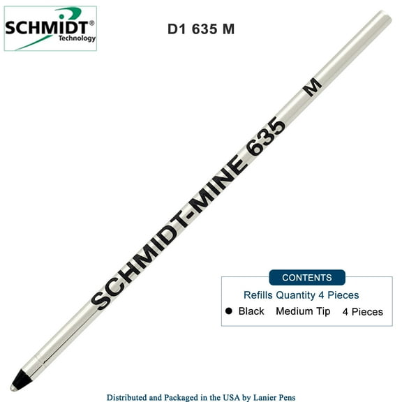 Schmidt 635 Black 4-Pack Mini D1 Ball Point Pen Refills, Medium Tip, Lamy M21 and Cross 8518-4 Compatible