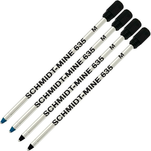 Schmidt 635 D1 Mine Ballpoint Refill - Blue, Black Ink - Medium Tip 0.7mm - Pack of 4 (with Plastic End Cap)