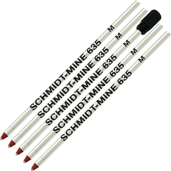 Schmidt 635 D1 Mine Ballpoint Refill - Red Ink - Medium Tip 0.7mm - Pack of 5 (Includes 1 Plastic End Cap)