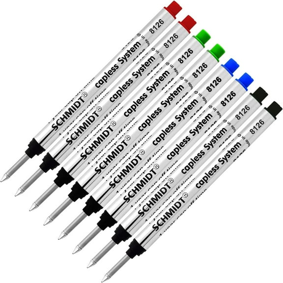 Schmidt 8126 Long Capless Rollerball Refill - Black, Blue, Green, Red Ink (Fine Tip 0.6mm) - Pack of 8