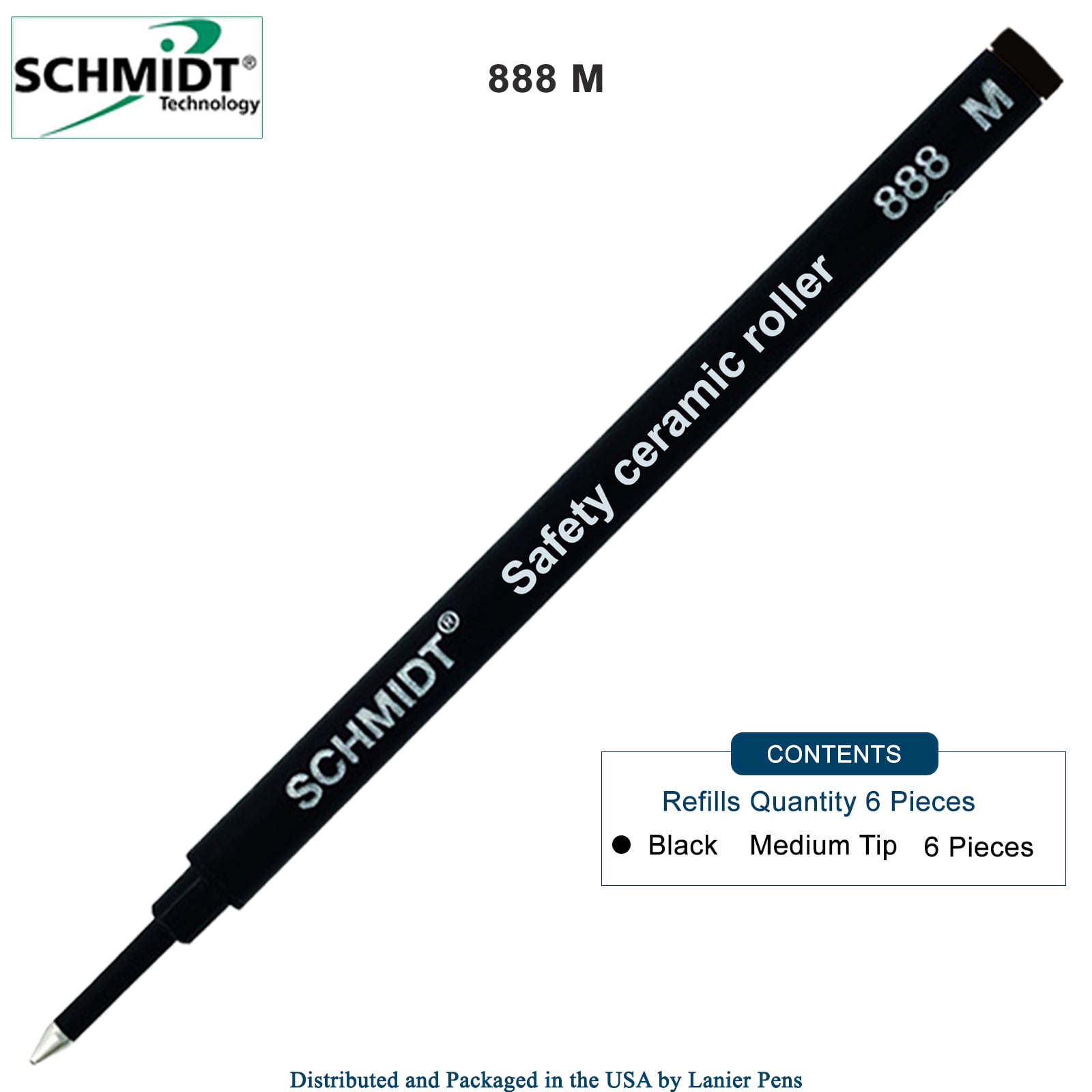 Schmidt 888 Black 6Pack Safety Ceramic Rollerball Refill, Ceramic Tip