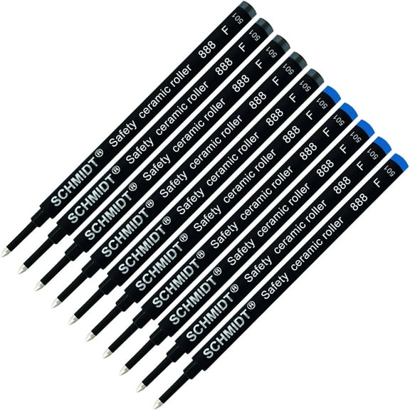 Schmidt 888 Safety Ceramic Rollerball Refill - Black, Blue Ink (Fine Tip 0.6mm) - Pack of 10
