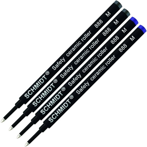 Schmidt 888 Safety Ceramic Rollerball Refill - Black, Blue Ink (Medium Tip 0.7mm) - Pack of 4